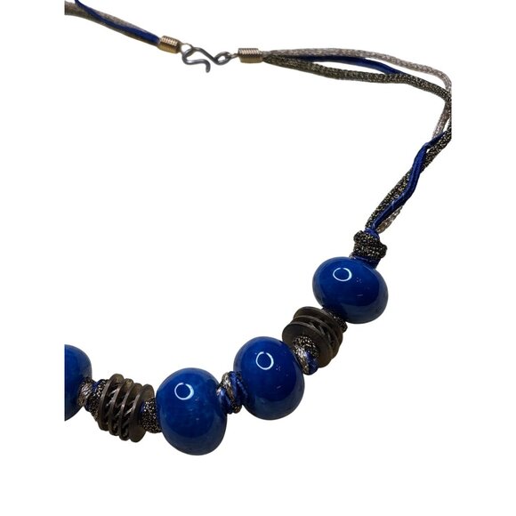 Artisan Blue Ceramic Bead Necklace Goldtone Black and Blue Cords Hook Clasp - Picture 5 of 5